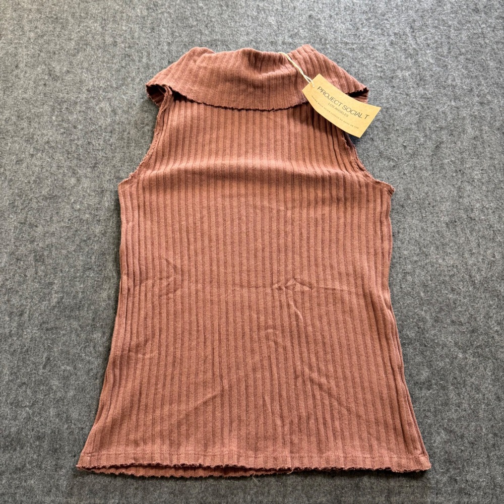 NEW Project Social T Ribbed Snap Neck Sleeveless Top Terracotta Brown XS